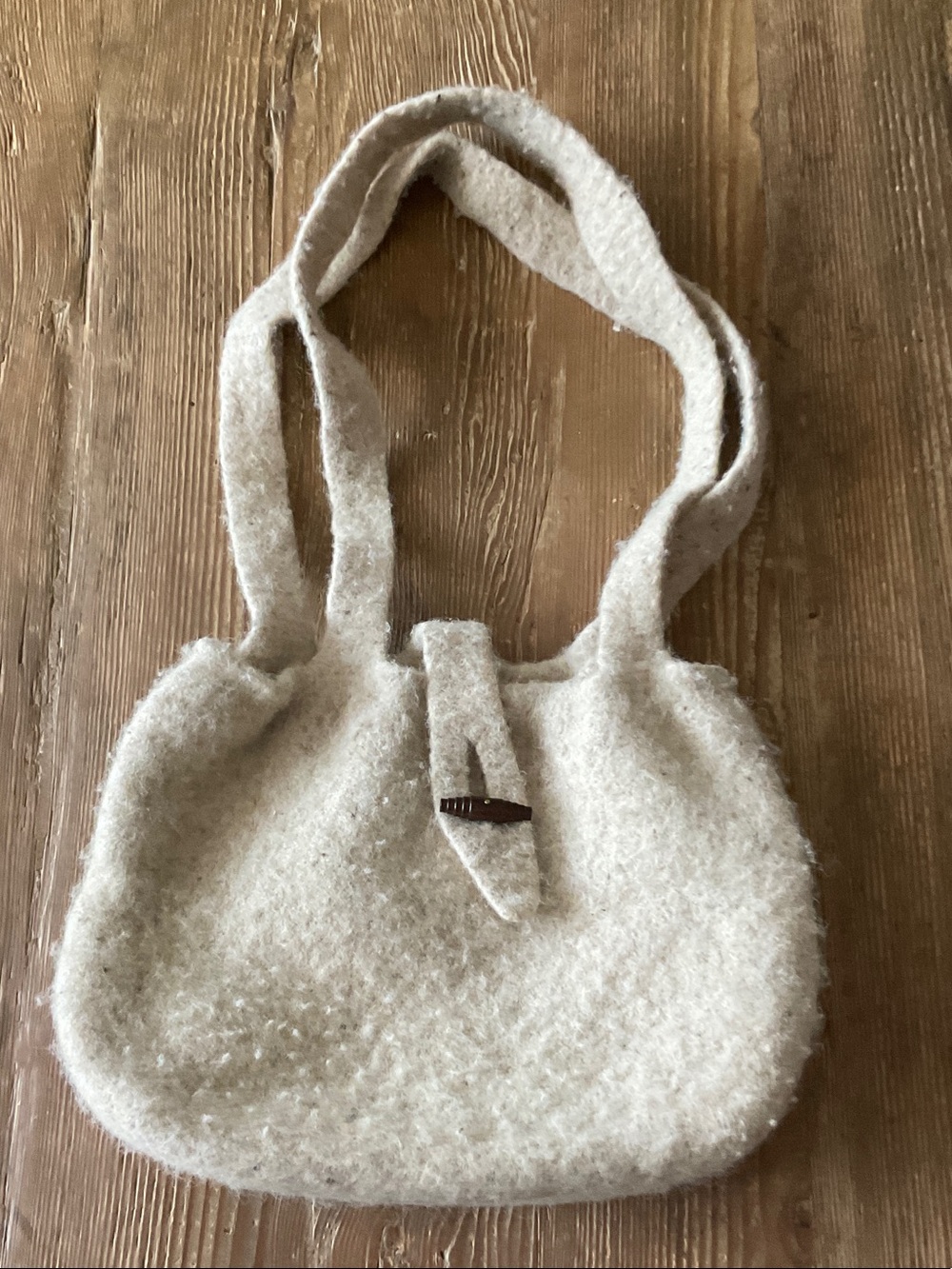 Cream wool Felt Boho Shoulder Bag with Tab Closure and Long Strap